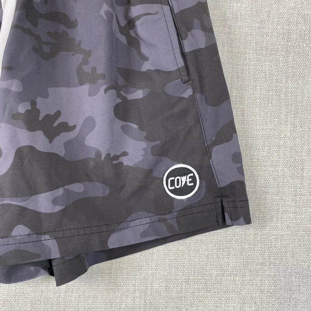 COVE Swim Trunks Mens 28 Gray Camo Elastic Waist Drawstring Stretch Pockets